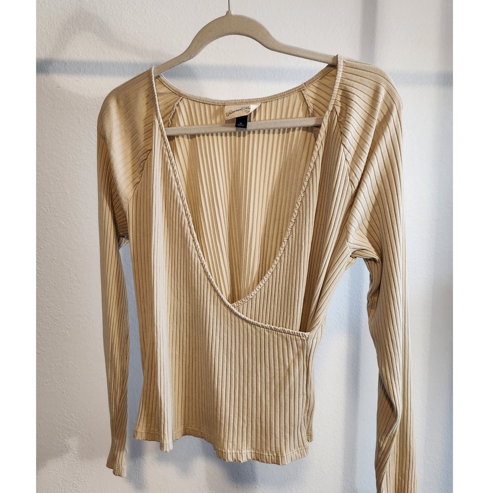 Universal Thread Goods Co Womens Long Sleeve Ribbed Plunge Neck Top XL Beige